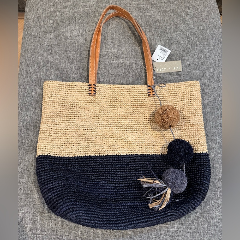Mar Y Sol Handmade Color Block Straw Tote Bag- NWT